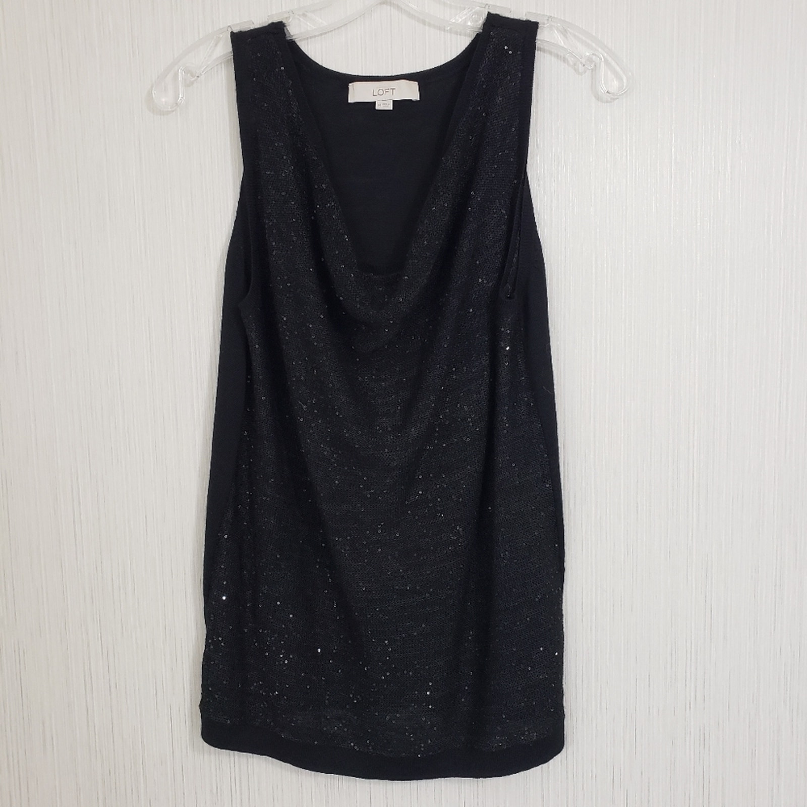 Loft Black Sleeveless Drape Front Sequin Knit Lightweight Sweater Tank Top Sz M